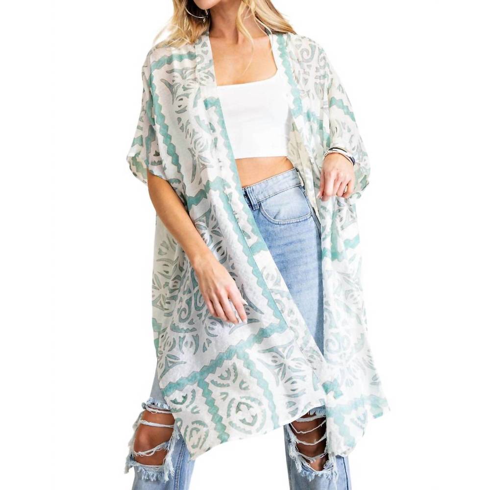 NEW KORI aztec printed long kimono in green